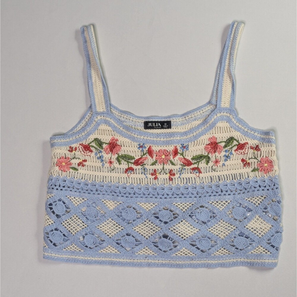 Julia by Love J Crochet Floral Crop Top Size M Blue Cream Cottagecore Boho Tank